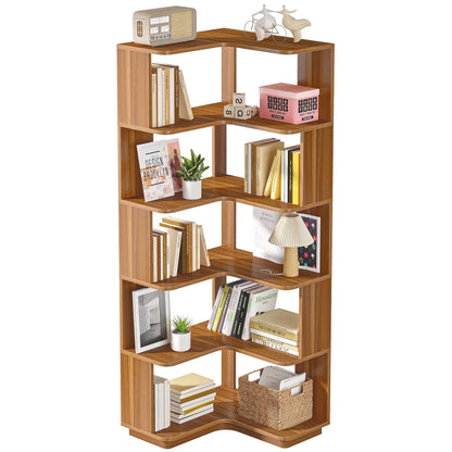MonoWood 6 Tier Corner Bookshelf, 64.96 Inch Tall Industrial Corner Bookcase with Anti-Drop Panel,Wood Grain Corner Shelf