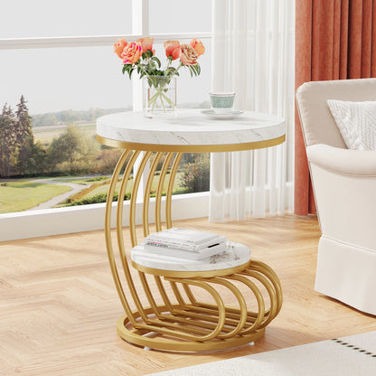 MonoWood Gold Round End Table: 2 Tiers Faux Marble Side Table with Storage Shelf, Modern White Gold Bedside Nightstand