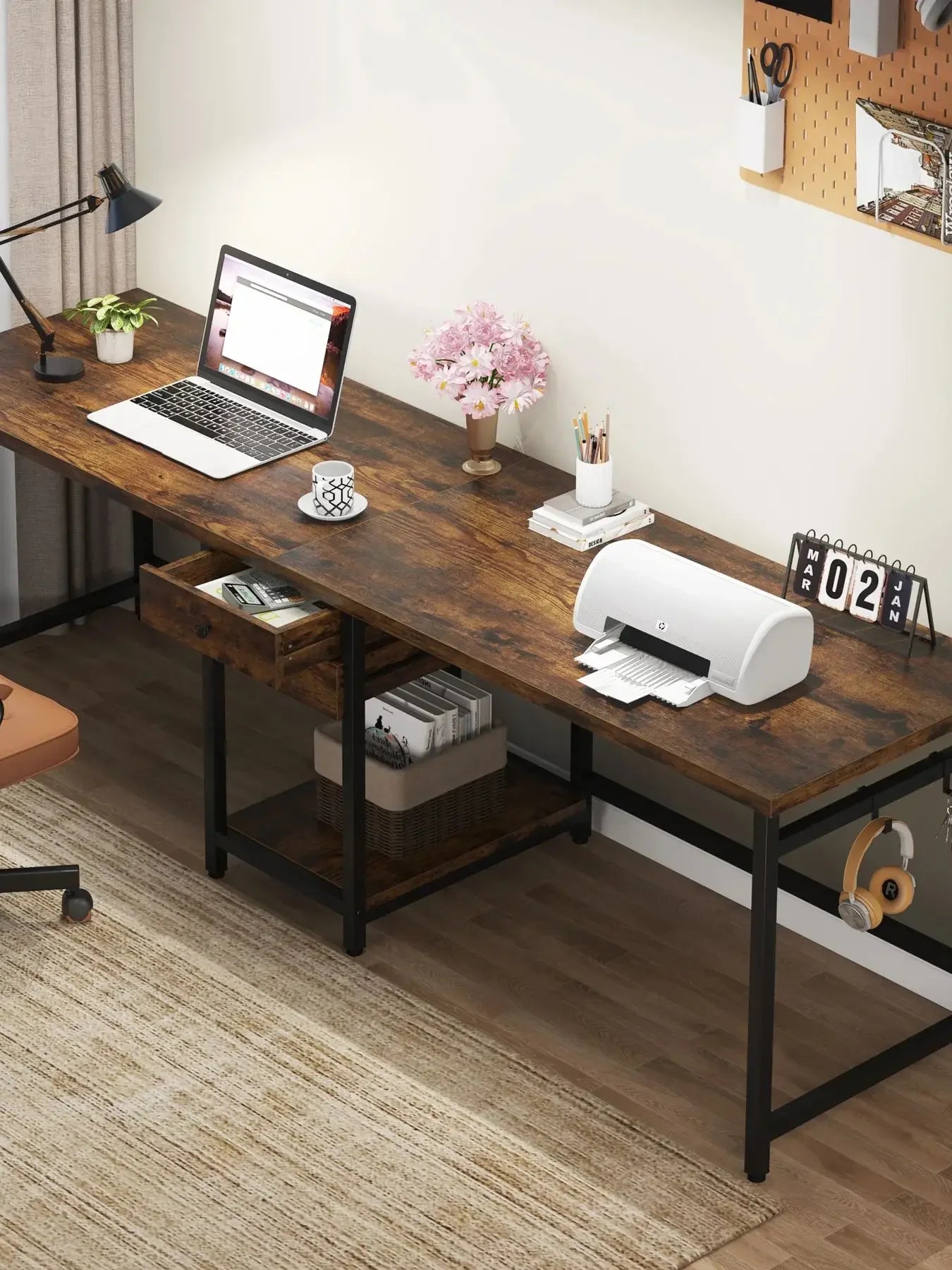 MonoWood 78.74’’ Two Person Desk with 2 Drawers, Long Double Computer Desk Gaming Table with Shelves
