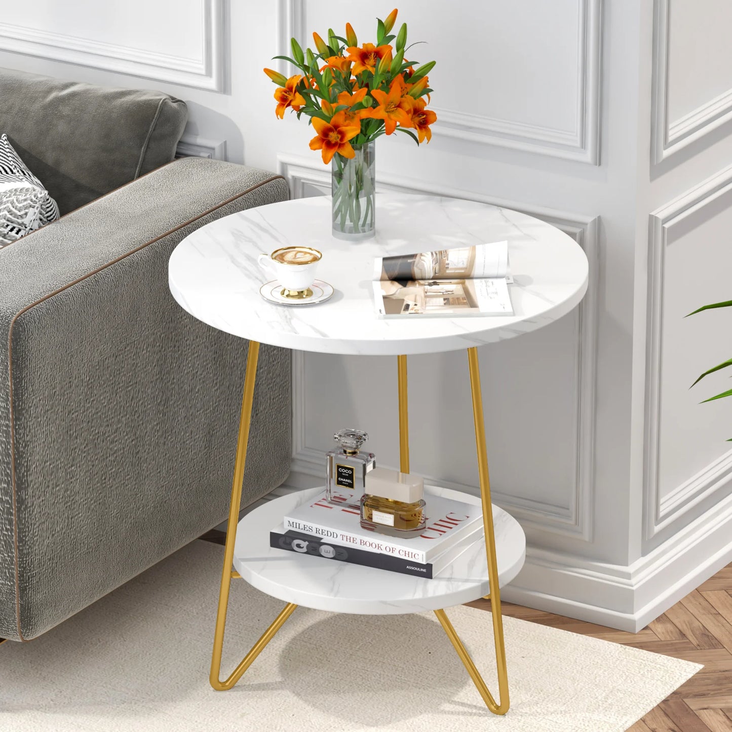 MonoWood 2 Tier Faux Marble End Table Round Side Table with Shelves Small Coffee Accent Table for Living Room, White and Gold