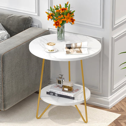 MonoWood 2 Tier Faux Marble End Table Round Side Table with Shelves Small Coffee Accent Table for Living Room, White and Gold
