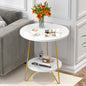 MonoWood 2 Tier Faux Marble End Table Round Side Table with Shelves Small Coffee Accent Table for Living Room, White and Gold