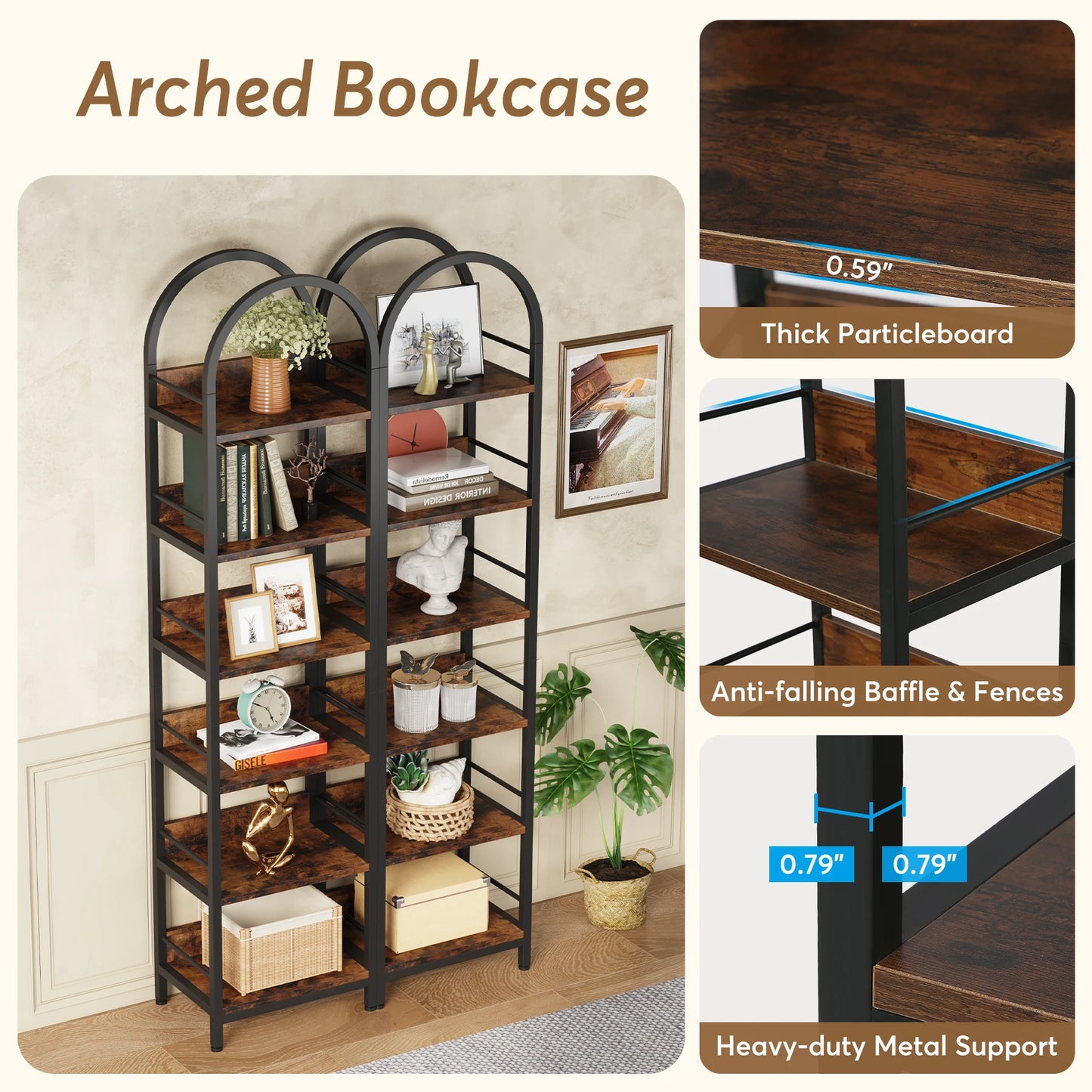 MonoWood 6-Tier Open Bookshelf, 78.7" Tall Arched Bookcase Narrow Bookshelf, Freestanding Corner Bookcase Display Shelves