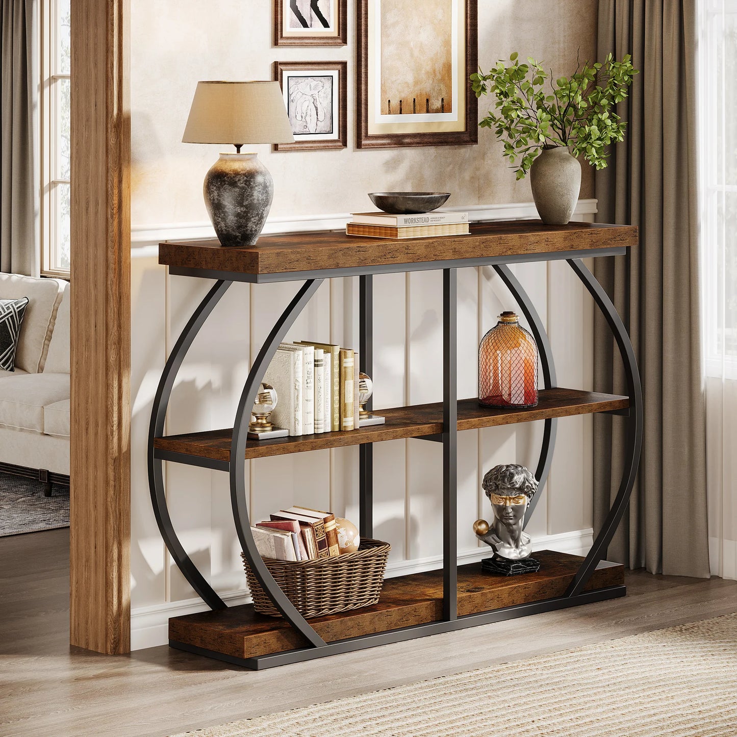MonoWood 41.3" Console Table, Industrial 3-Tier Entryway Table with Arched Metal Frame and Storage Shelves for Living Room