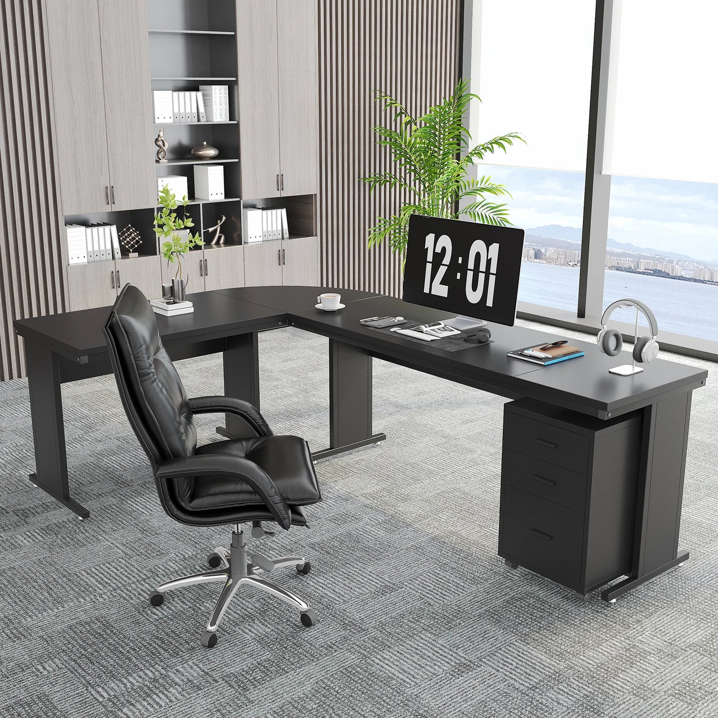 MonoWood L-Shaped Executive Desk, Large Office Desk with 3-Drawer File Cabinet, Industrial Corner Computer Table with Drawers