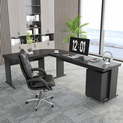 MonoWood L-Shaped Executive Desk, Large Office Desk with 3-Drawer File Cabinet, Industrial Corner Computer Table with Drawers