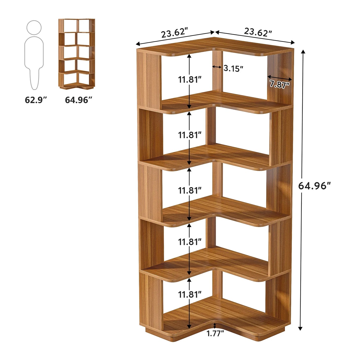 MonoWood 6 Tier Corner Bookshelf, 64.96 Inch Tall Industrial Corner Bookcase with Anti-Drop Panel,Wood Grain Corner Shelf
