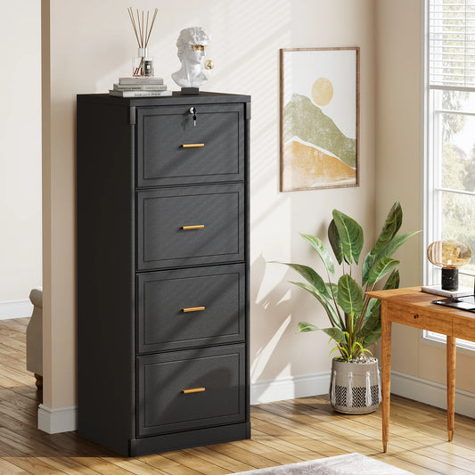 MonoWood 4-Drawer File Cabinet with Lock, Locked File Cabinet with Key, Tall Wooden Filing Cabinets for Home Office