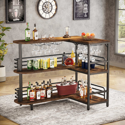 MonoWood L-Shaped Home Bar Unit, 3 Tier Liquor Bar Table with Storage Shelves and Wine Glasses Holder