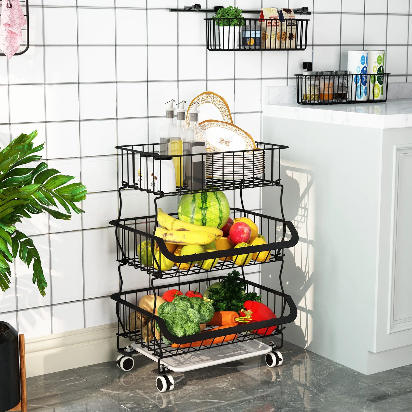 Fruit Basket, 3 Tier Stackable Metal Wire Basket Cart with Rolling Wheels, Utility Rack for Kitchen, Pantry, With 2 Free Baskets