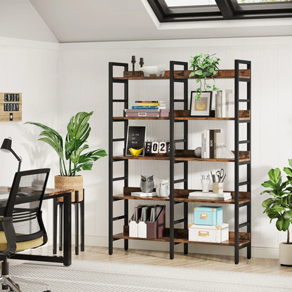 MonoWood 5-Tier Industrial Bookshelf, 71”H x 47”W Etagere Bookcase, Freestanding Double Wide Book Shelf for Storage