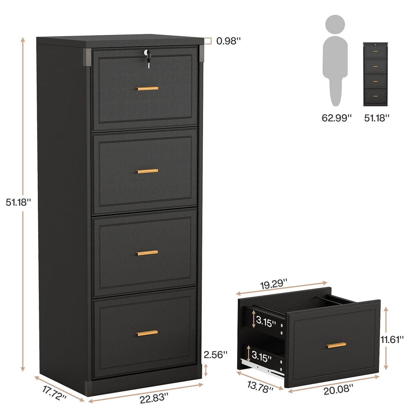 MonoWood 4-Drawer File Cabinet with Lock, Locked File Cabinet with Key, Tall Wooden Filing Cabinets for Home Office