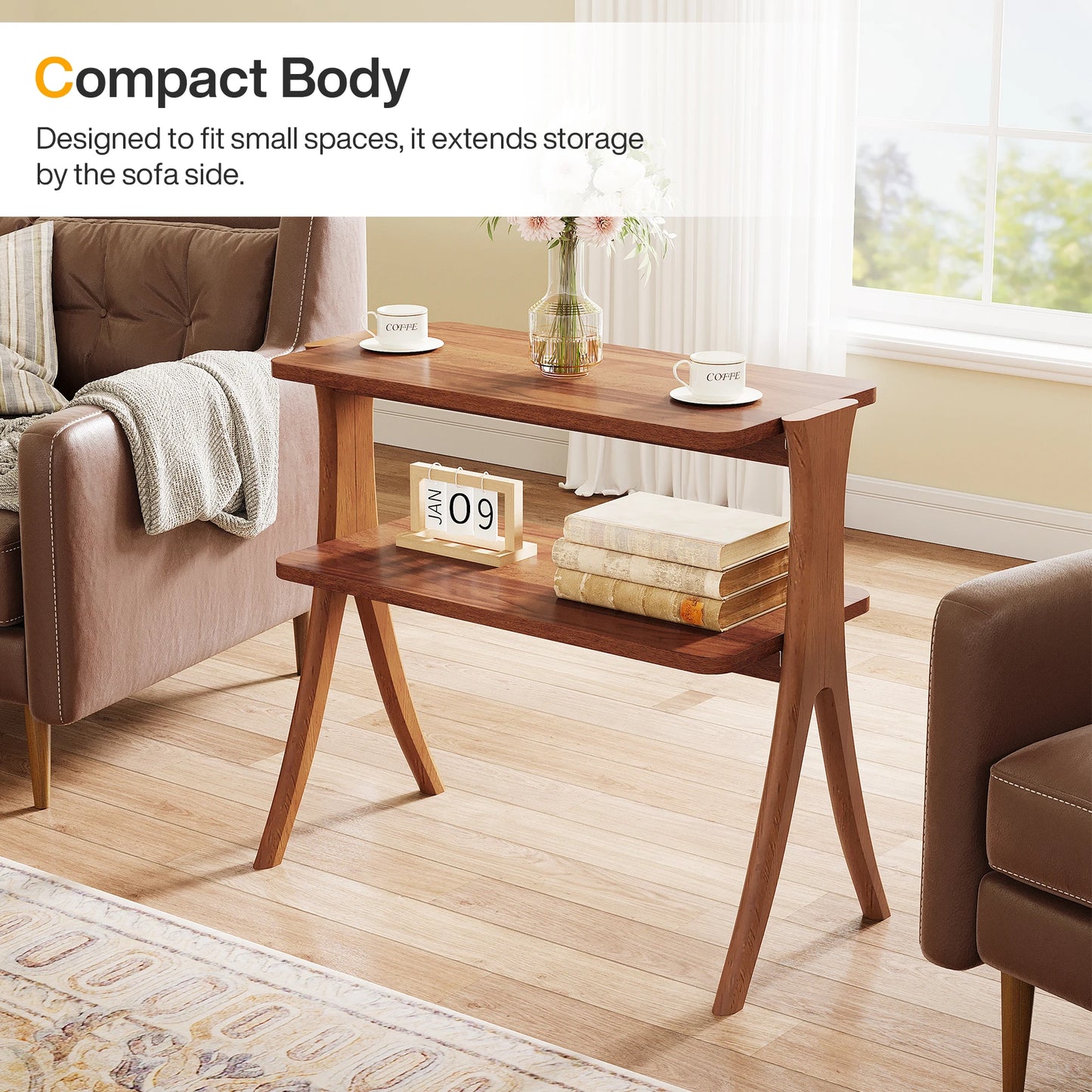 MonoWood Walnut Side Table for Living Room, Narrow End Table with 2-Tier Storage Shelf and Solid Wood Legs, Slim Bedside Table