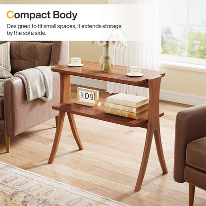 MonoWood Walnut Side Table for Living Room, Narrow End Table with 2-Tier Storage Shelf and Solid Wood Legs, Slim Bedside Table