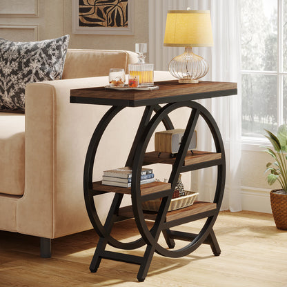 MonoWood End Table for Living Room, 3-Tier Narrow Side Table with Storage, Wood Sofa Side Table with Geometric Metal Frame