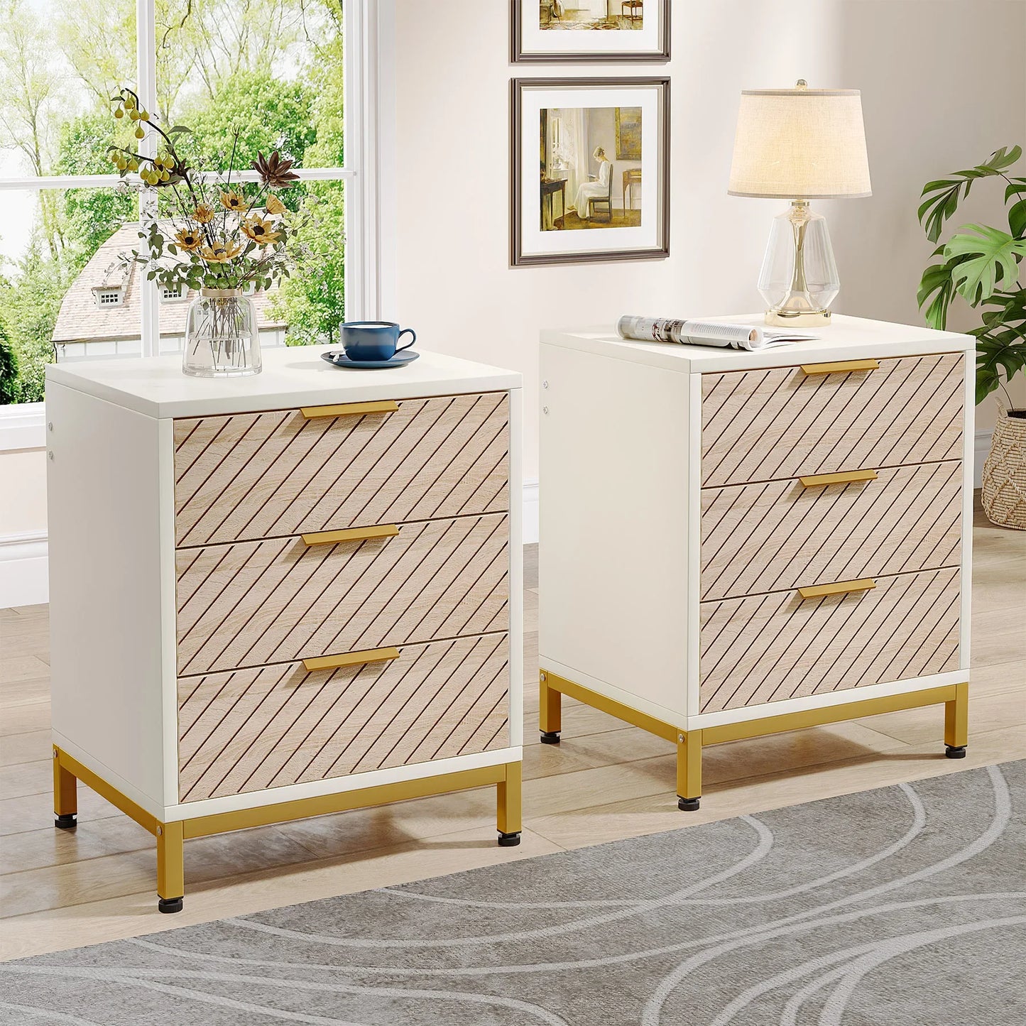 MonoWood Night Stands for Bedrooms, White and Gold Light Wood Grain Nightstands with 3 Drawers Bedside Tables