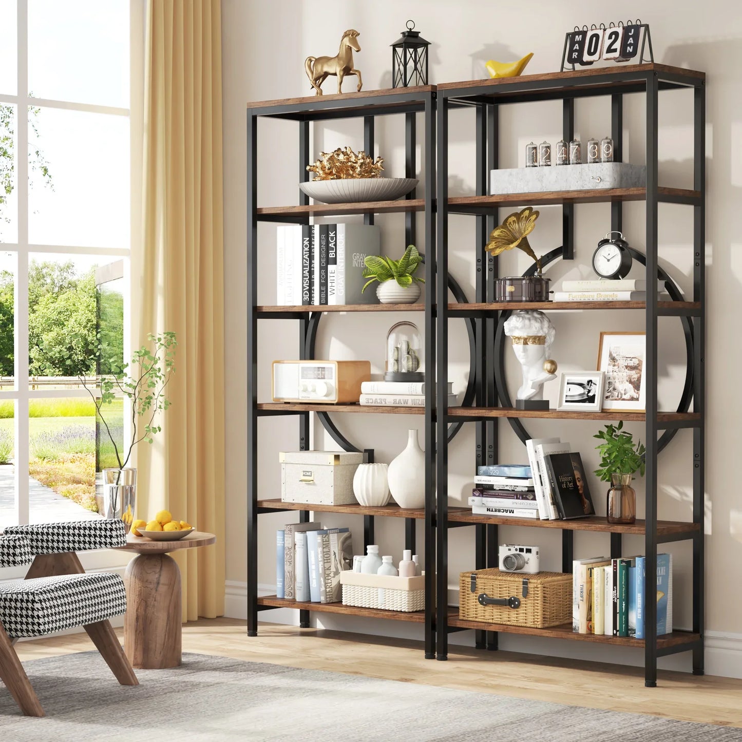 MonoWood Industrial Bookshelf, Tall Bookcase with Open Shelves, Wood and Metal Display Shelf Storage Shelves