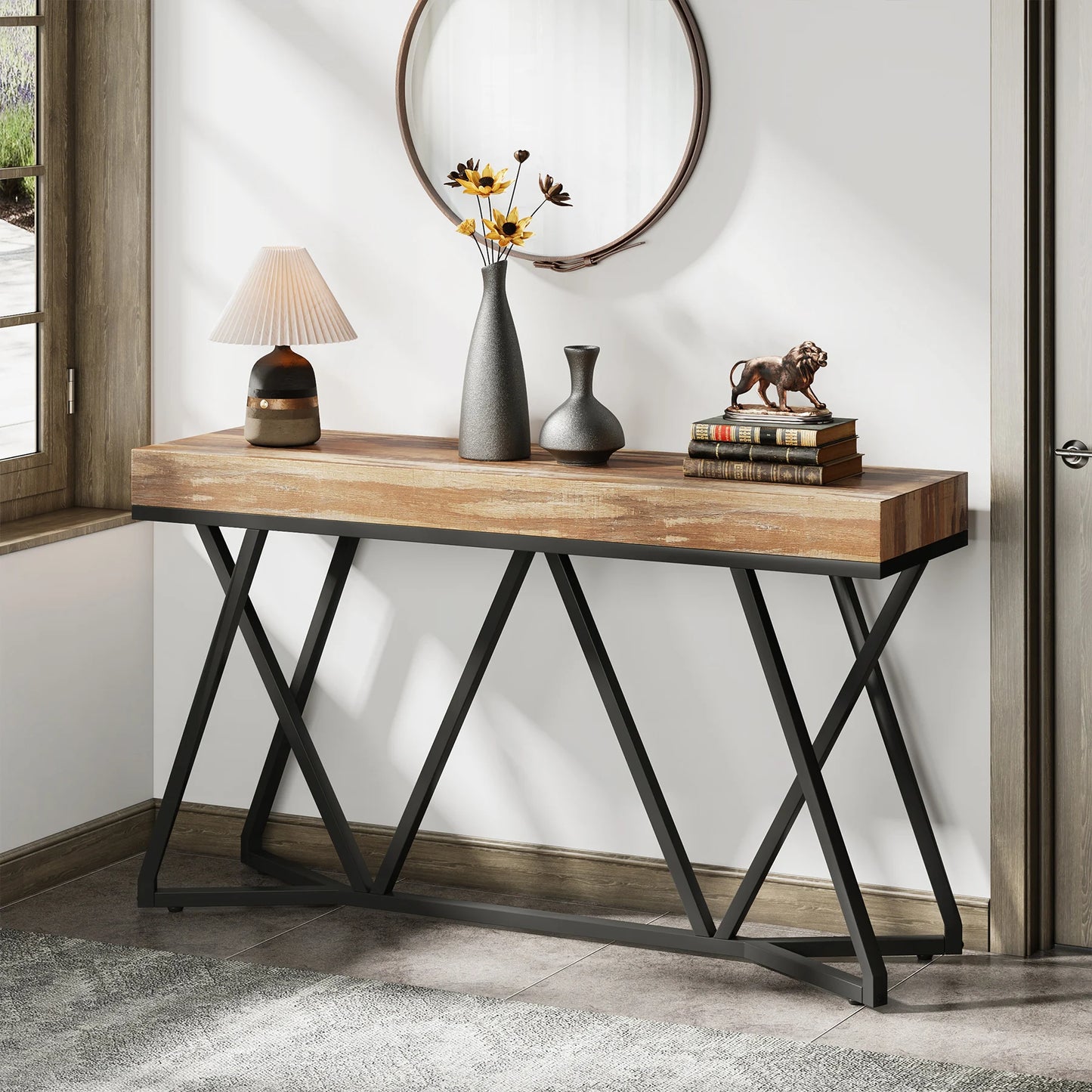MonoWood 55 Inches Console Table, Sofa Table Wood Entryway Table with Unique Metal Base