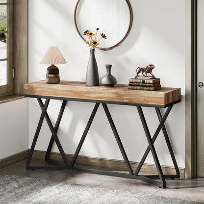 MonoWood 55 Inches Console Table, Sofa Table Wood Entryway Table with Unique Metal Base