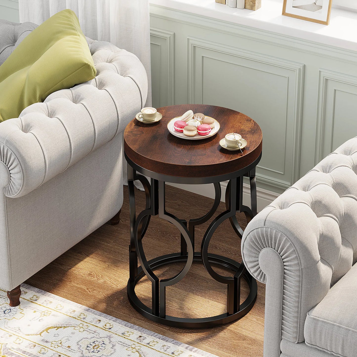 MonoWood Round End Table, Industrial SideTable with Metal Hollow Frame, Small Bedside Table Nightstand for Living Room