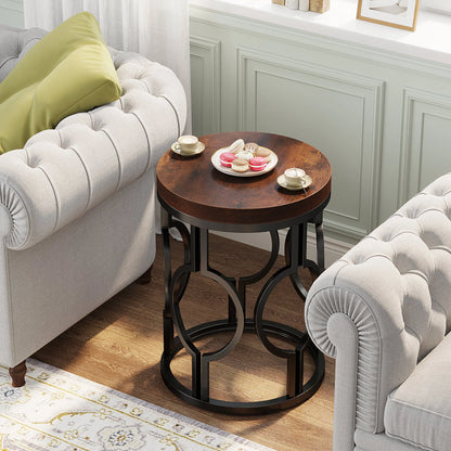 MonoWood Round End Table, Industrial SideTable with Metal Hollow Frame, Small Bedside Table Nightstand for Living Room
