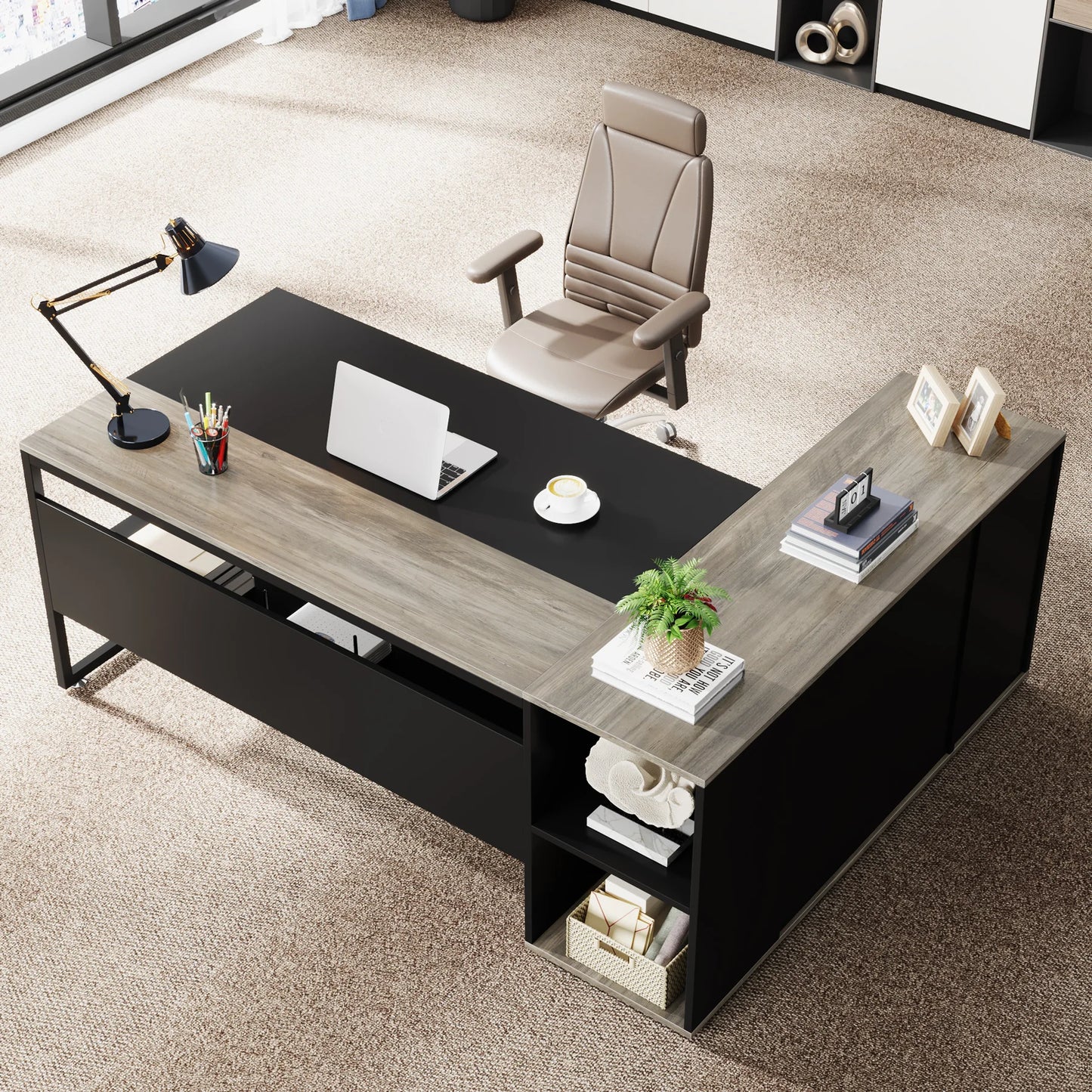 MonoWood 71 inch Executive Desk, L Shaped Desk with Cabinet Storage, Executive Office Desk with Shelves