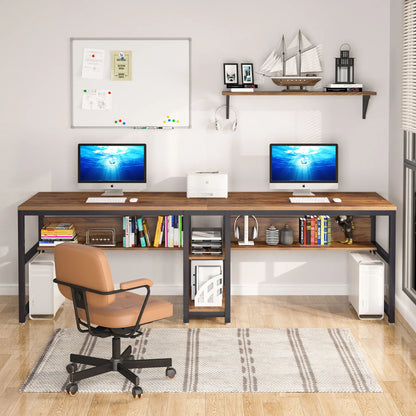 MonoWood Two Person Desk with Bookshelf, 78.7 Computer Office Double Desk for Two Person, Rustic Writing Desk Workstation