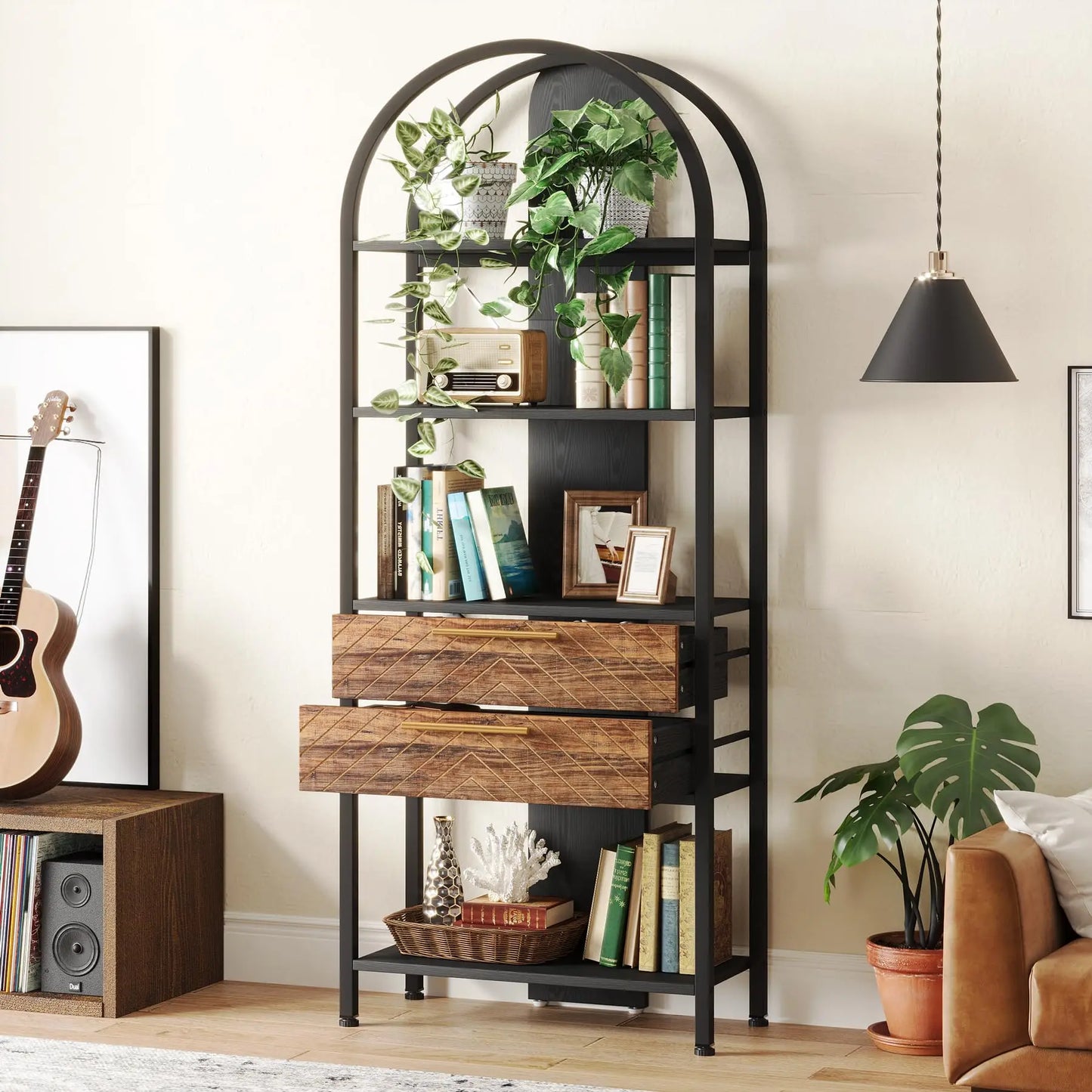 MonoWood 4-Tier Bookshelf with 2 Drawers, Industrial Open Book Shelf Arched Bookcase, 70.8" Tall Storage Shelves Display Rack