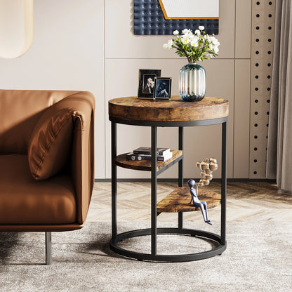 MonoWood Round End Table, Small End Table with 3 Storage Shelves, Wood Side Table for Small Spaces, Industrial Sofa Table