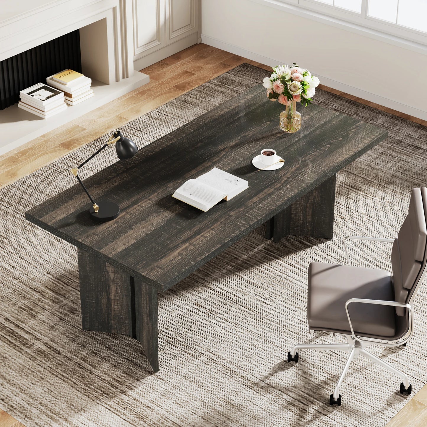 MonoWood 63-inch Executive Desk, Vintage Office Computer Desk with Large Tabletop, Farmhouse Wood Writing Conference Table