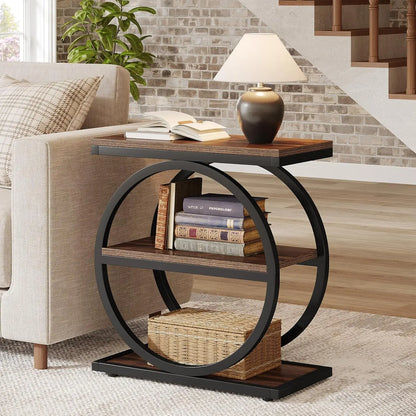 MonoWood End Table, Narrow End Table with 3 Storage Shelves, Wood Side Table with Black Metal Frames, Industrial Sofa table