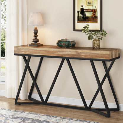 MonoWood 55 Inches Console Table, Farmhouse Sofa Table Wood Entryway Table with Unique Metal Base, Behind The Couch Table