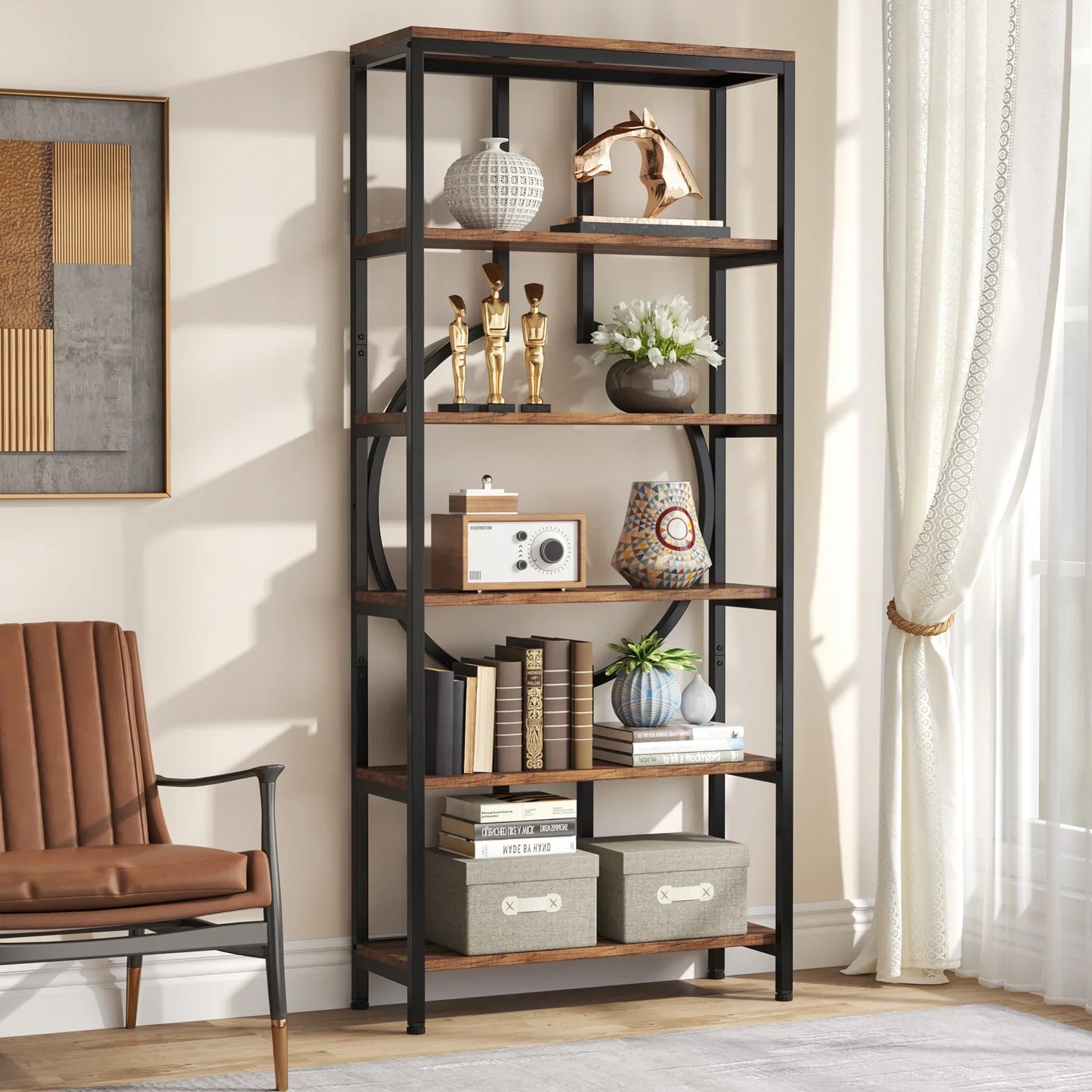 MonoWood Industrial Bookshelf, Tall Bookcase with Open Shelves, Wood and Metal Display Shelf Storage Shelves