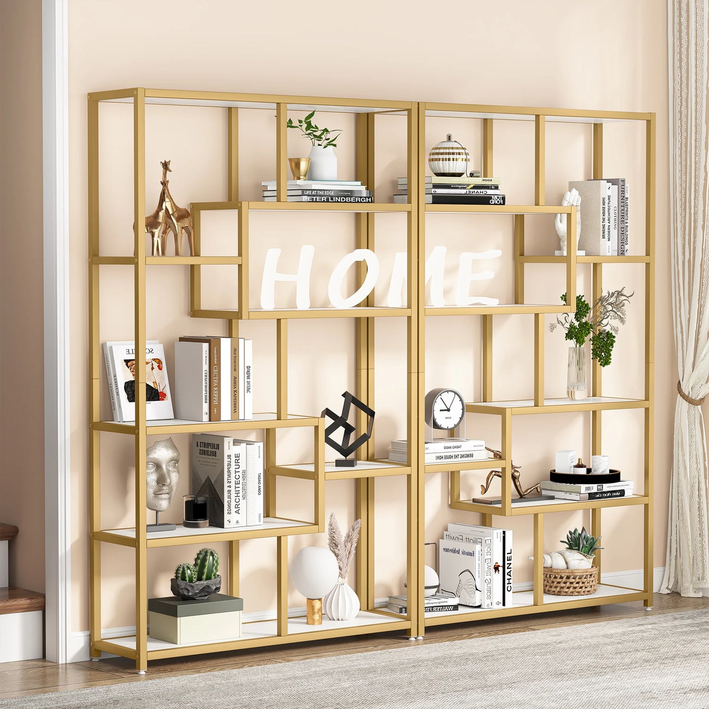 MonoWood Bookshelf 5 Tier Etagere Bookcase, Modern Gold Book Shelf Organizer Display Rack with 8 Open Storage Shelf