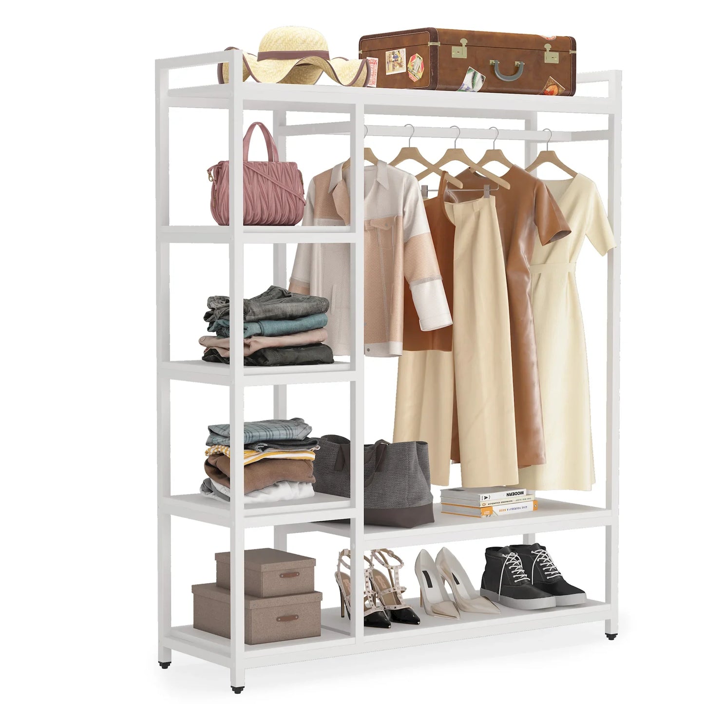 MonoWood Free-standing Closet Organizer, Heavy Duty Clothes Closet, Portable Garment Rack with 6-tier Shelves and Hanging rod
