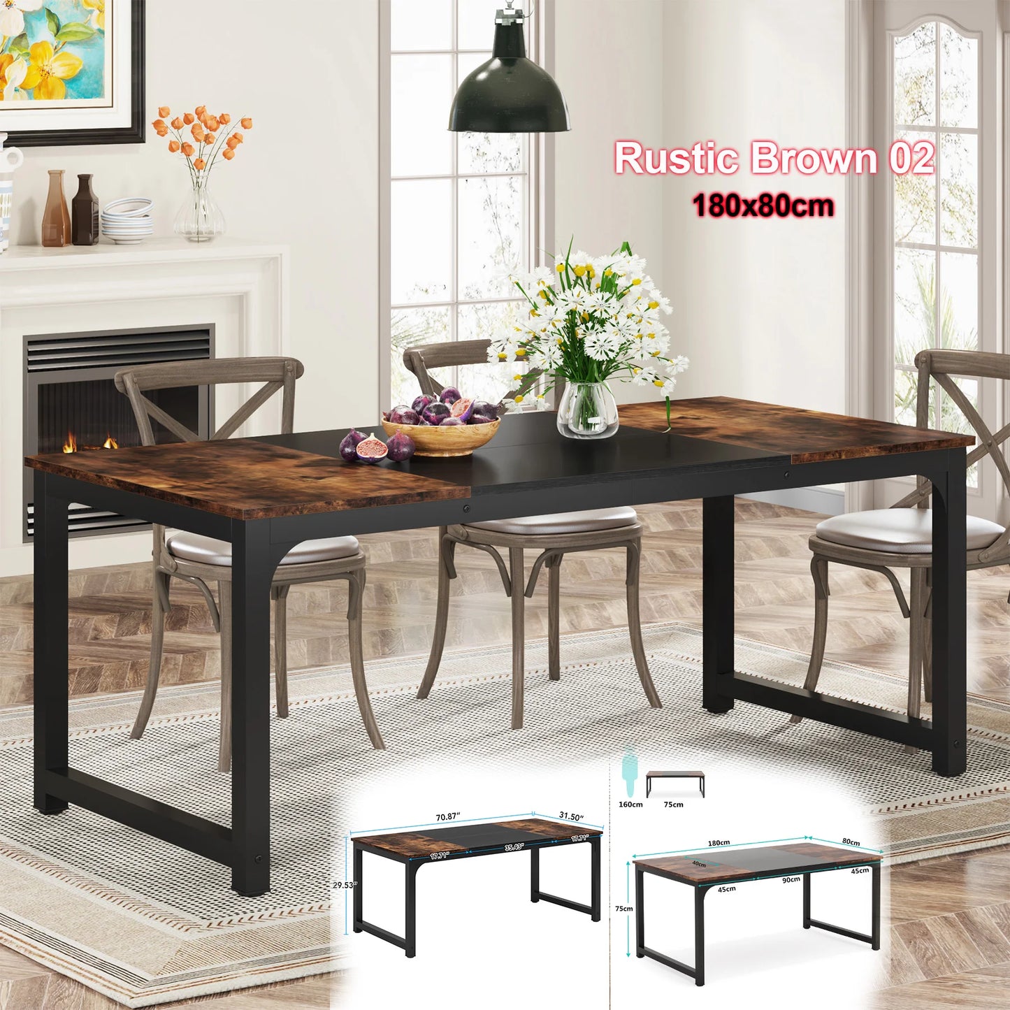 MonoWood Dining Table, Industrial Kitchen Table for 6-8 Person, Rectangular Dinner Table for Dining Room