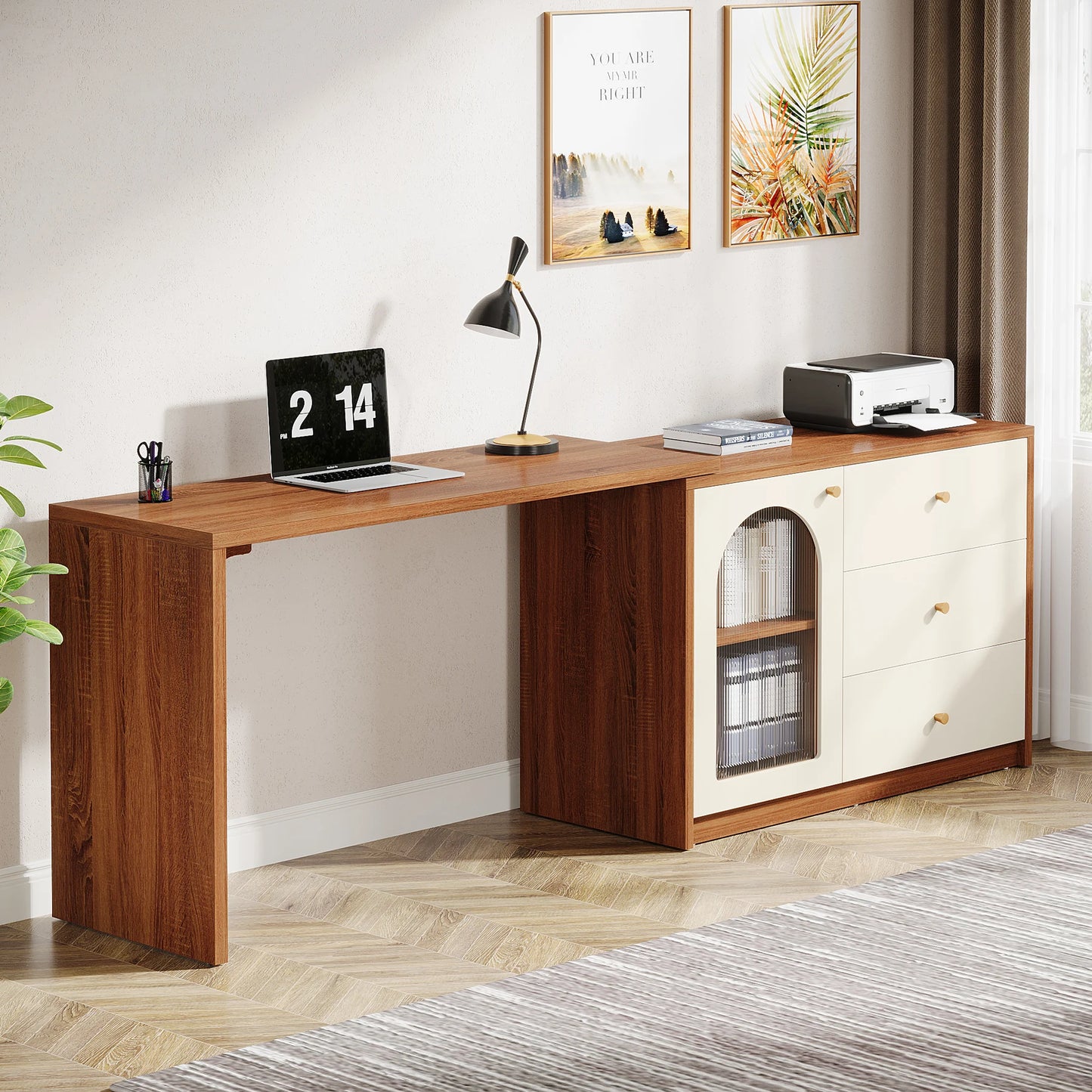 MonoWood L Shaped Computer Desk with Drawers, Modern Corner Home Office Desk with Reversible Storage Cabinet, Long Study Desk