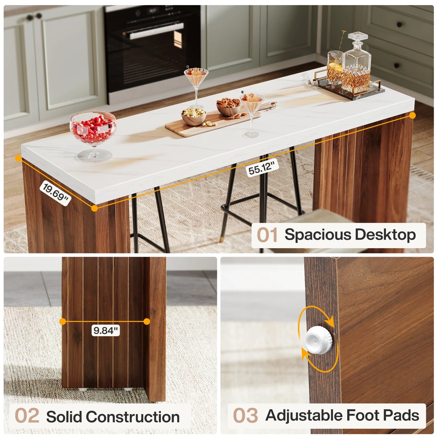 MonoWood Home Bar Unit, 55.12-Inch Bar Table with a Faux Marble Finished Tabletop, Modern Freestanding Mini Bar