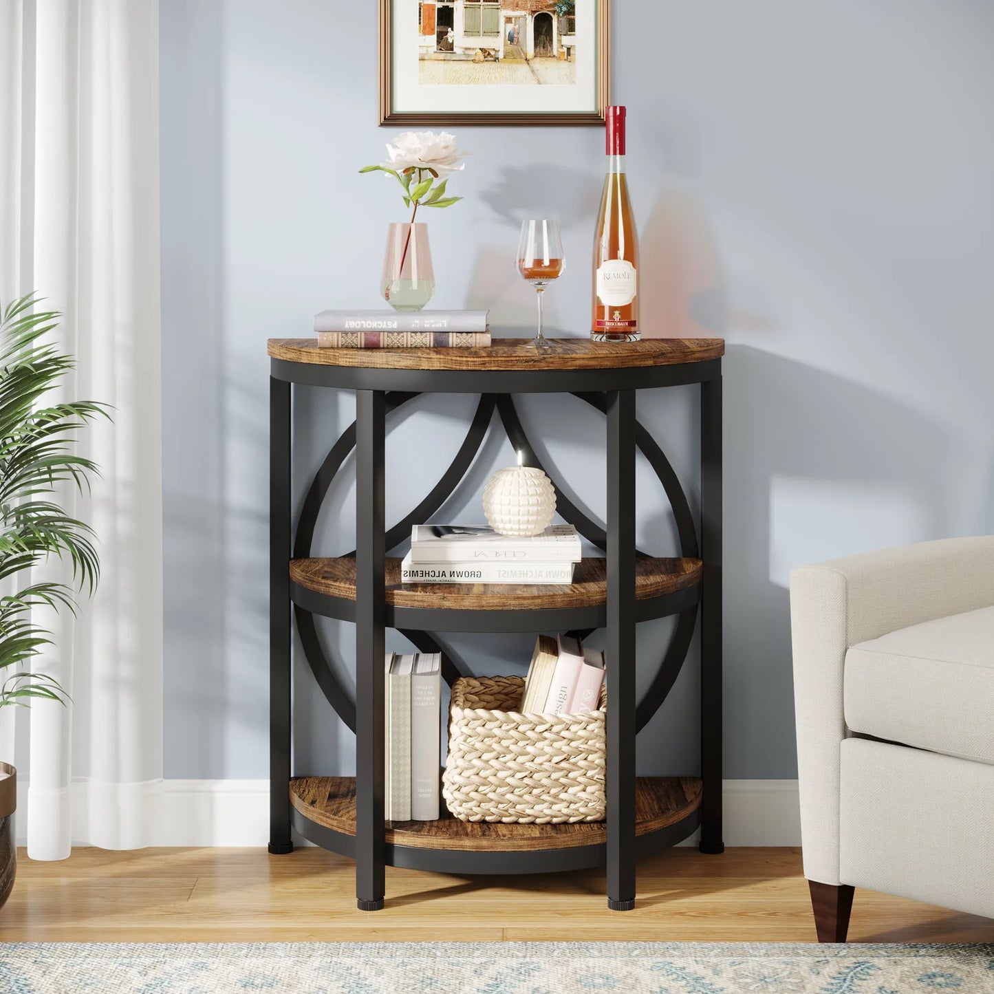 MonoWood Half Round End Table for Living Room, 3-Tier Half Side Table with Metal Frame, Industrial Table with Storage