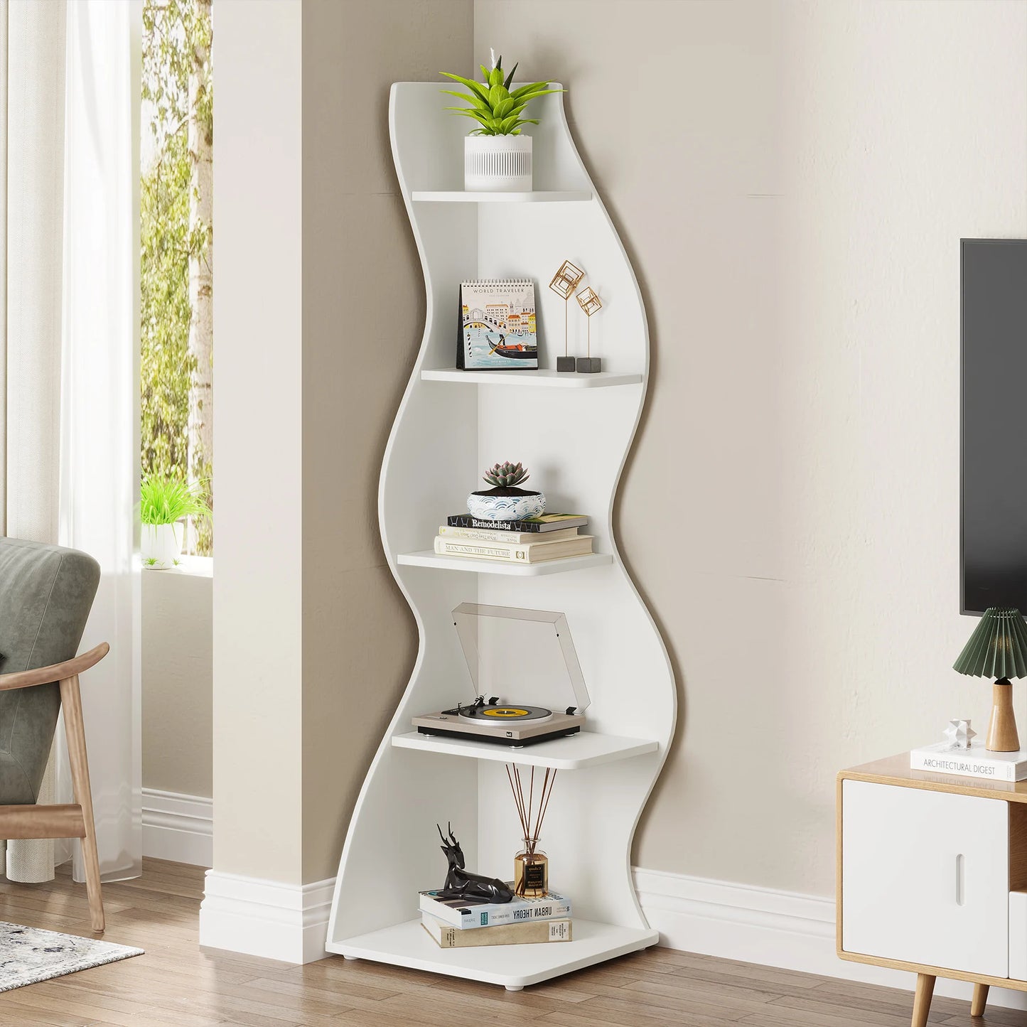 MonoWood 5-Tier Corner Shelf, Modern Wall Corner Bookshelf, Stylish Corner Small Bookcase Storage Rack Plant Stand