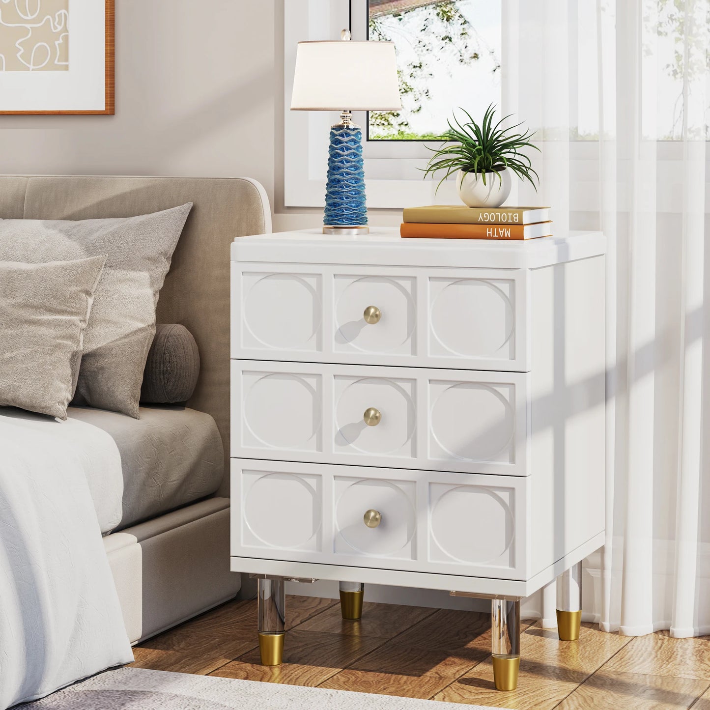 MonoWood 3-Drawer Nightstand Tall White and Gold Bedside Table with Drawers, Versatile Modern White Night Stand with Storage