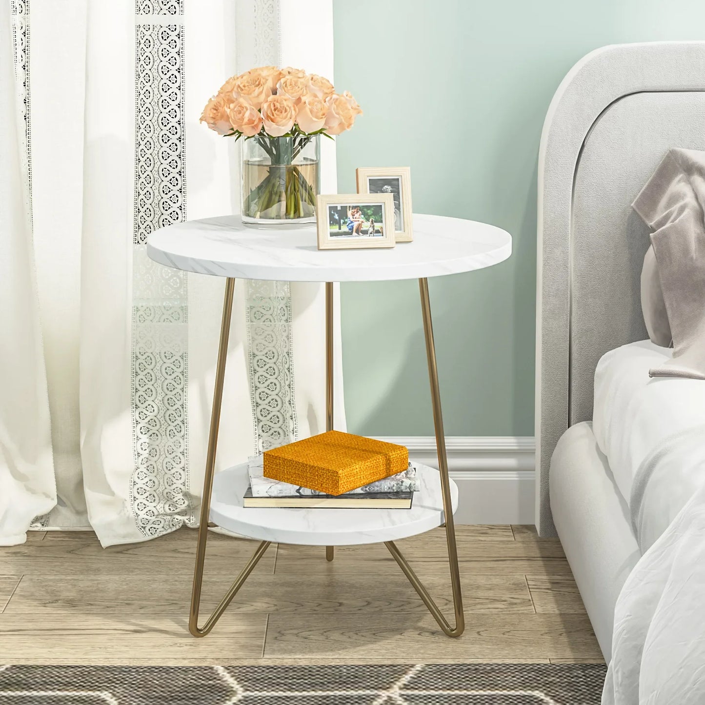 MonoWood 2 Tier Faux Marble End Table Round Side Table with Shelves Small Coffee Accent Table for Living Room, White and Gold