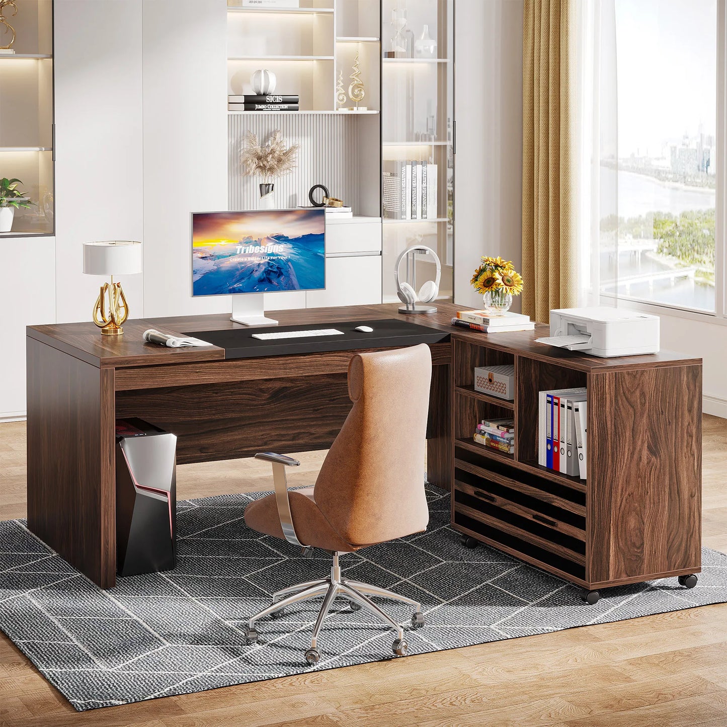 MonoWood 62.2" Executive Desk with Mobile File Cabinet, L-Shaped Office Desk with Storage Shelves, Large Computer Desk