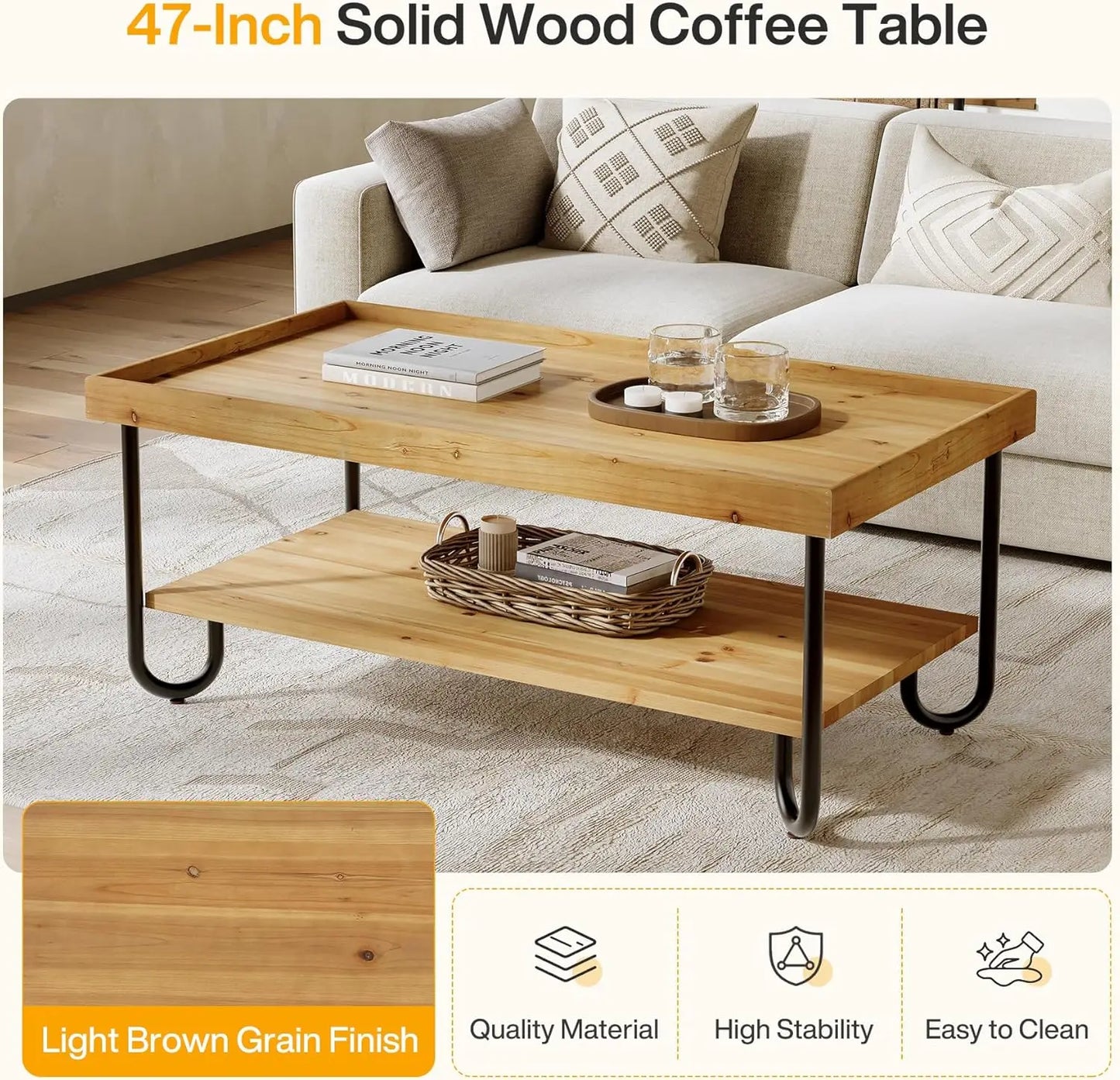 47.24-Inch Solid Wood Coffee Table, 2-Tier Rectangular Center Table with Curved Metal Legs, Industrial Coffee Desk for Living Ro