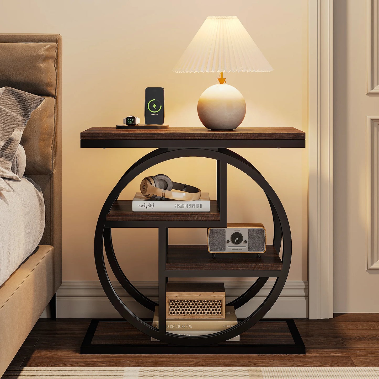 MonoWood End Table for Living Room, 4-Tier Narrow Side Table with Storage Shelves, Industrial Bedside Table for Bedroom