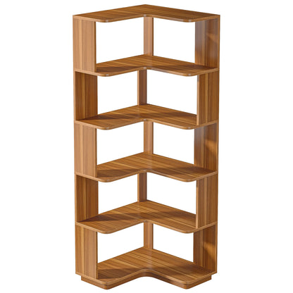 MonoWood 6 Tier Corner Bookshelf, 64.96 Inch Tall Industrial Corner Bookcase with Anti-Drop Panel,Wood Grain Corner Shelf