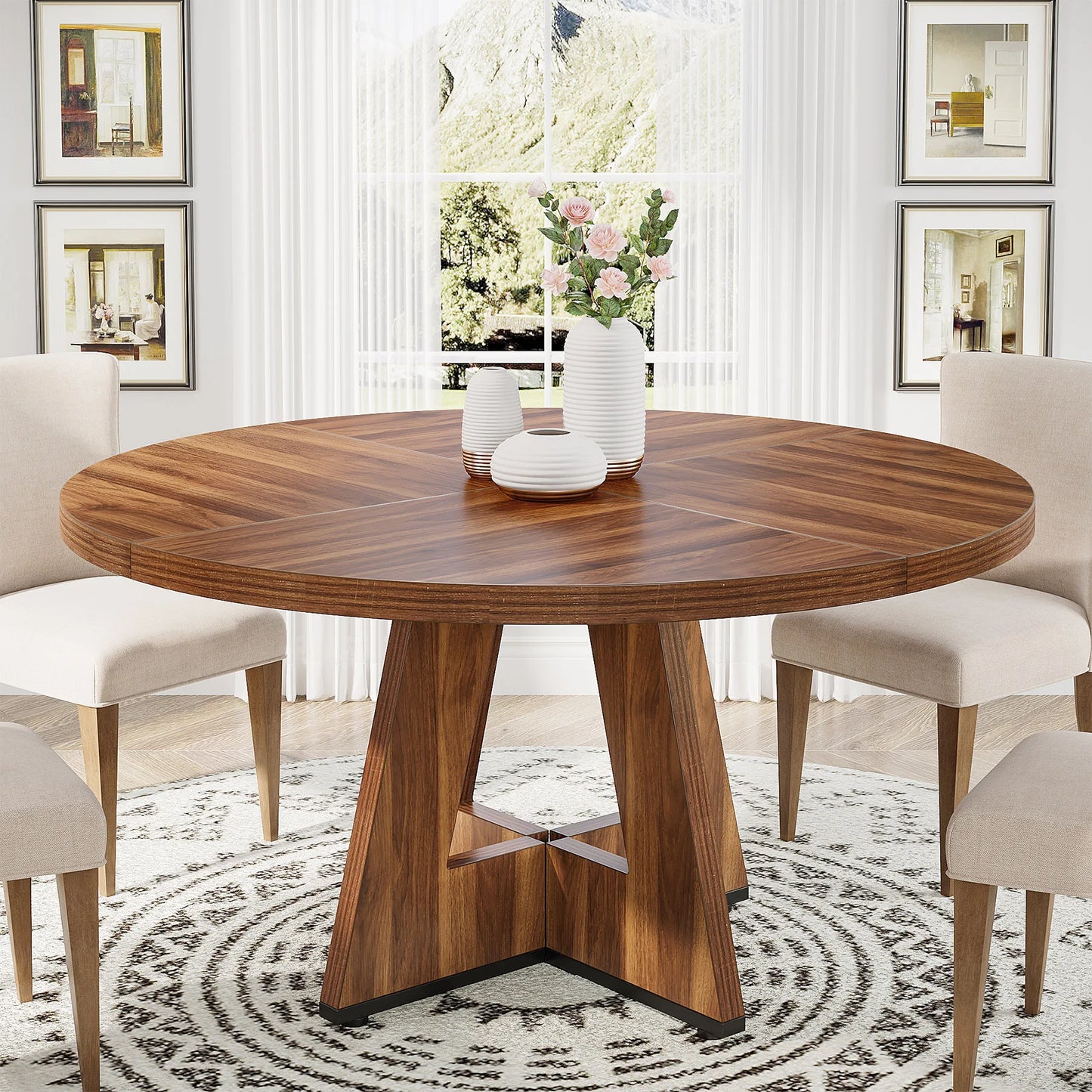 MonoWood Round Dining Table for 4, 47 Inch Farmhouse Kitchen Table Small Dinner Table Kitchen Dinning Table for Dining Room