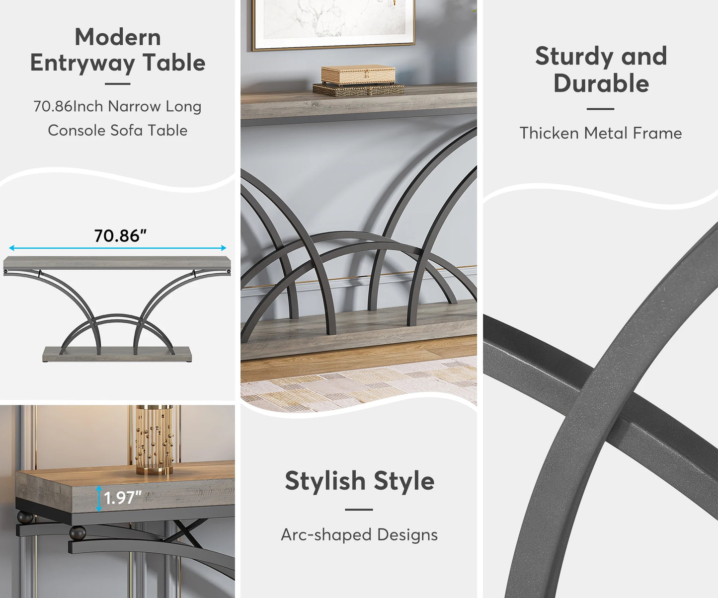 MonoWood 70.9 Inch Extra Long Console Table for Entryway, Gray Sofa Table with Wood Tabletop, Modern Accent Tables