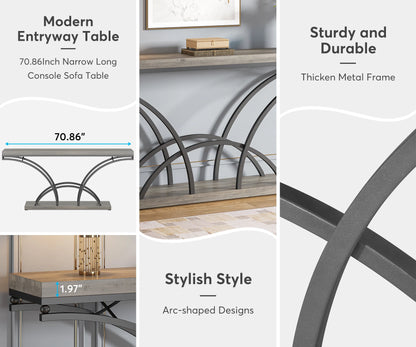 MonoWood 70.9 Inch Extra Long Console Table for Entryway, Gray Sofa Table with Wood Tabletop, Modern Accent Tables