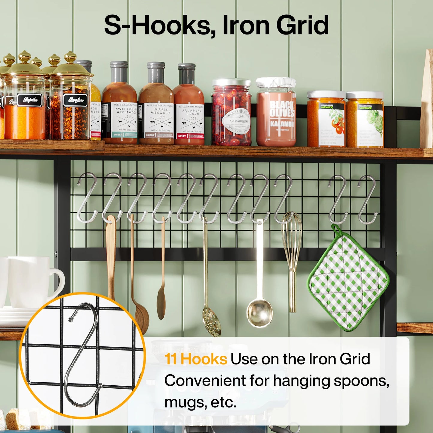 MonoWood Large Bakers Rack, 55" Wide Kitchen Hutch Cabinet Microwave Stand with 11 Hooks, 5-Tier Baker’s Rack Kitchen Shelf